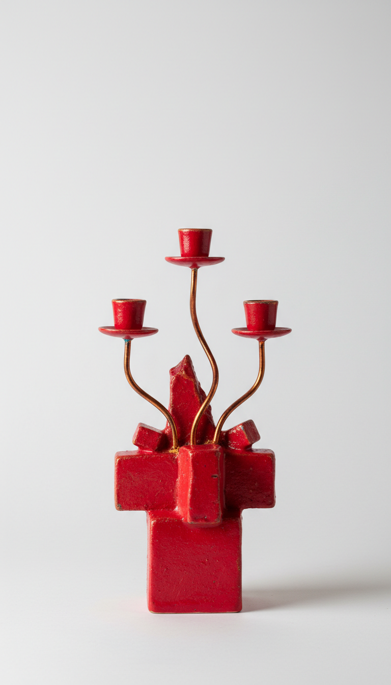 Mixed media candleholder in vivid red